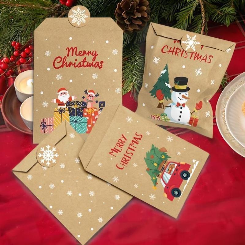 24Pcs Kraft Paper Bags Envelope Christmas Gift Bags With Stickers Candy Cookie Packaging  Year Party Favor Bags Diy