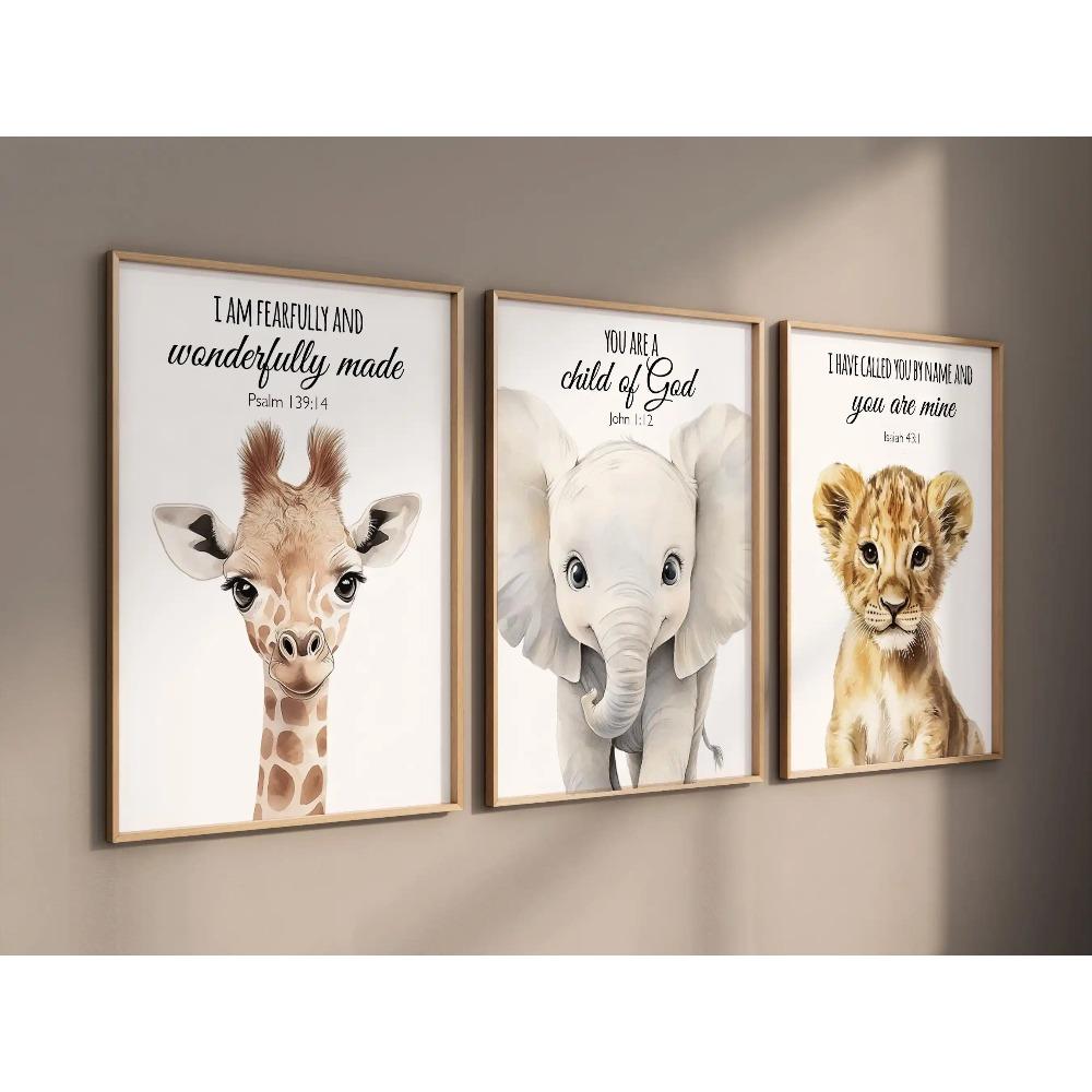 3 Stück Safari-Tier-Kinderzimmer-Drucke Aquarell Löwe Giraffe Elefant Wandkunst Zimmerdekor Boho Dschungeltiere Junge Mädchen Geschenk Poster 21X30CMNo Framed white