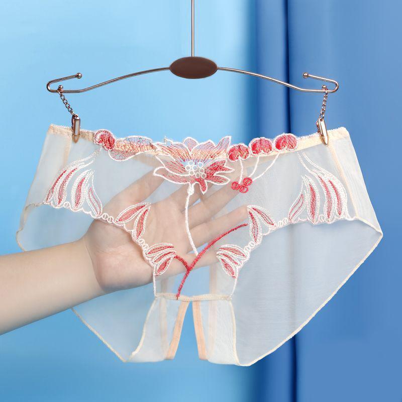 Sexy dámské průsvitné kalhotky Spodní prádlo Jacquard T-kalhoty s otevřeným rozkrokem Kalhotky jednobarevné spodní prádlo