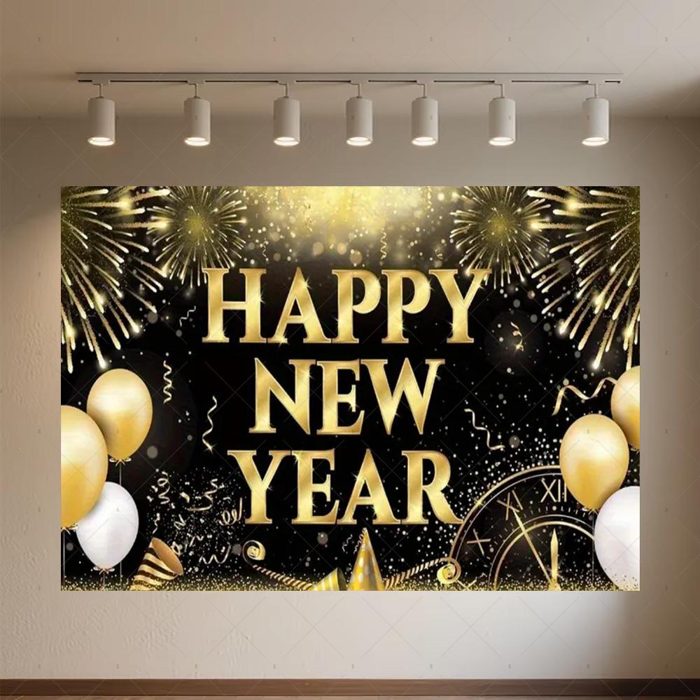 Black Gold New Year Background Banner Glitter 2026 Happy New Year Backdrop Supplies Balloons New Year Party Decoration Gifts