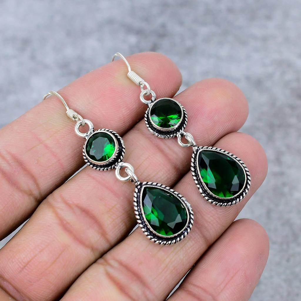 Chrome Diopside Gemstone Handmade 925 Sterling Silver Jewelry Earring 2.56" M-339