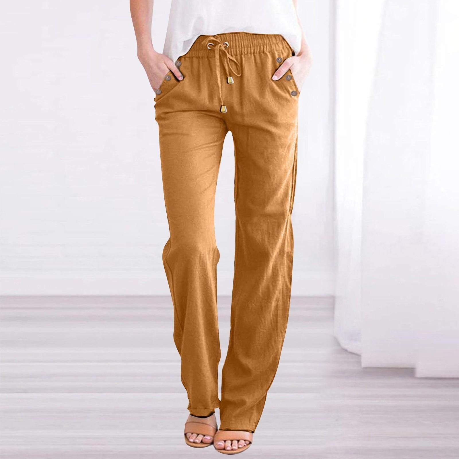 

Women s Cotton Linen Pants Summer Wide Leg Casual Loose Drawstring High Waist Palazzo Pants Trousers With Pockets XL помаранчевий