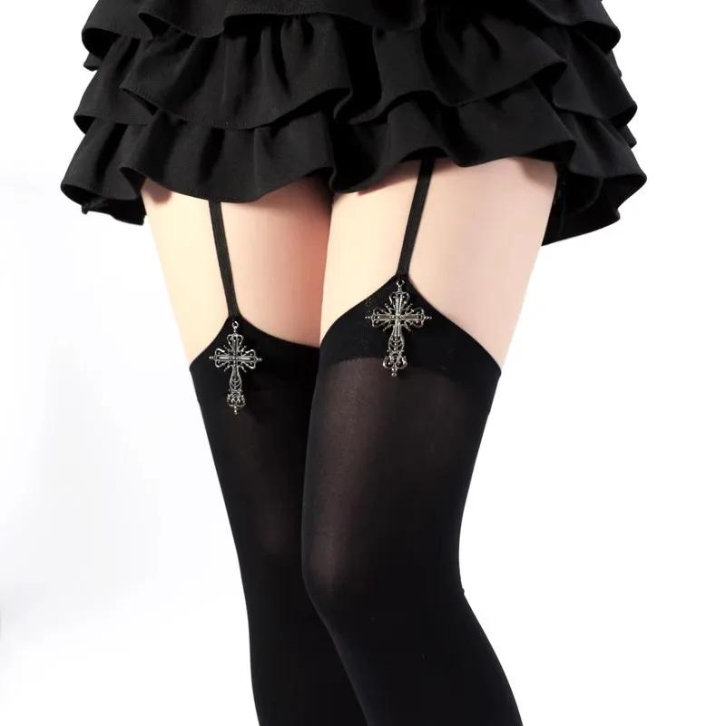 Personality Cross Decoration Women Suspender Socks Solid Color Thin Thigh High Lolita Anime Cosplay Gothic Over Knee Stockings