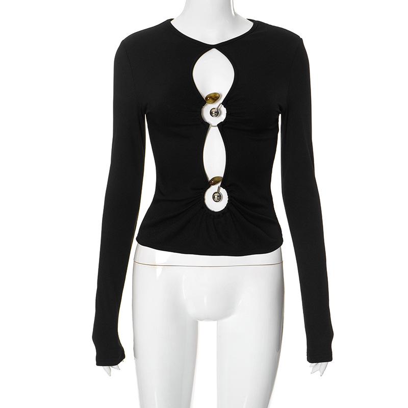 

Летний сексуальный топ с вырезами, облегающего кроя, с длинными рукавами и металлическим кольцом Medium чёрный