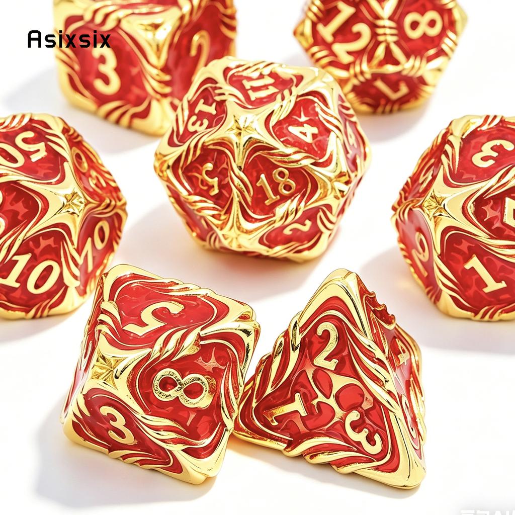 7 Pcs Red Yellow Tree Vine Metal Dice Solid Metal Polyhedral Dice Set Suitable for Role-Playing RPG Board Game Dice RPG