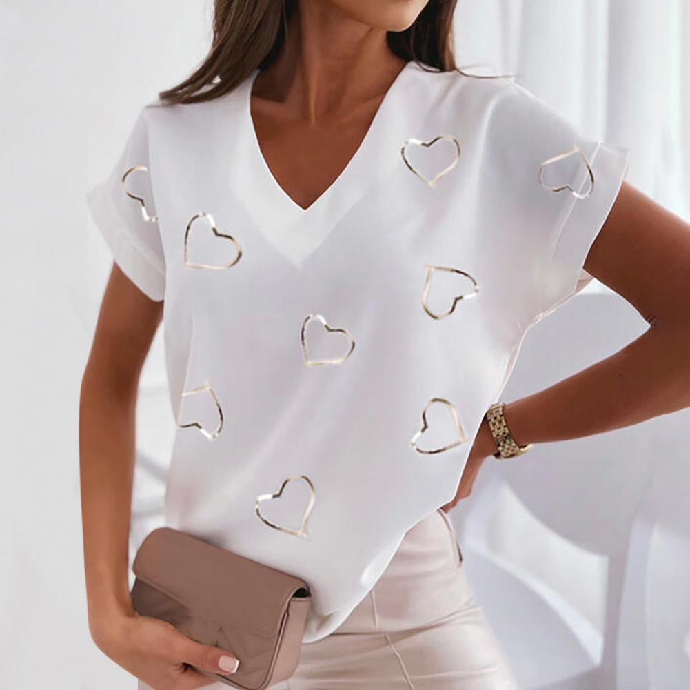 

Европейская и американская женская футболка с модным принтом, V-образным вырезом, короткими рукавами, свободная женская блузка, повседневный сексуальный пуловер, туника, топ 7XL