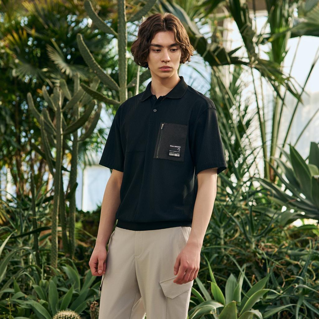 CHALLENGER Men'S Honeycomb Texture Pocket Detail Collared Short Sleeve T-Shirt Black