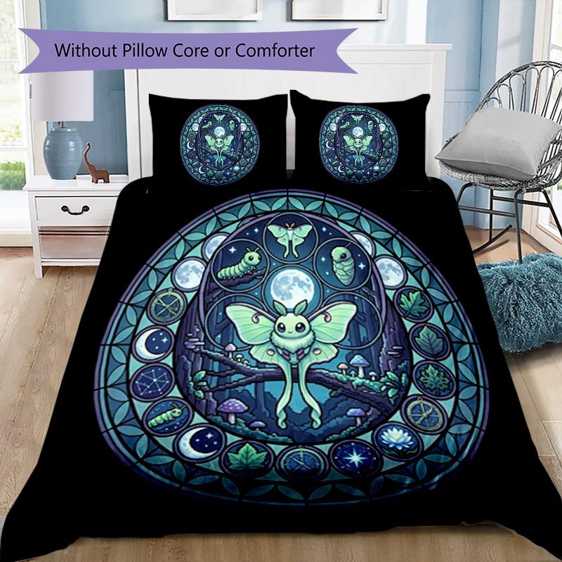 Moonlit Moth Fantasy Pattern Bedding,Quilt Set Quilt Cover Pillowcase Home Birthday Gift (1*duvet cover+2*pillowcase,without core)