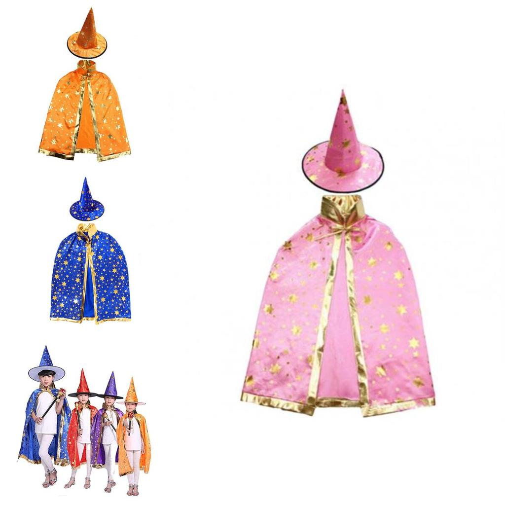 Halloween Cosplay Wizard Cape For Kids With Dazzling Star Pattern And Hat