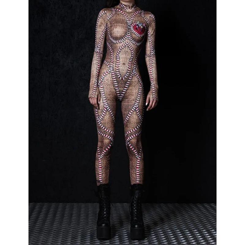 Damski Halloweenowy Kombinezon Body z Długim Rękawem z Nadrukiem Cyfrowym Slim Kostium Cosplay