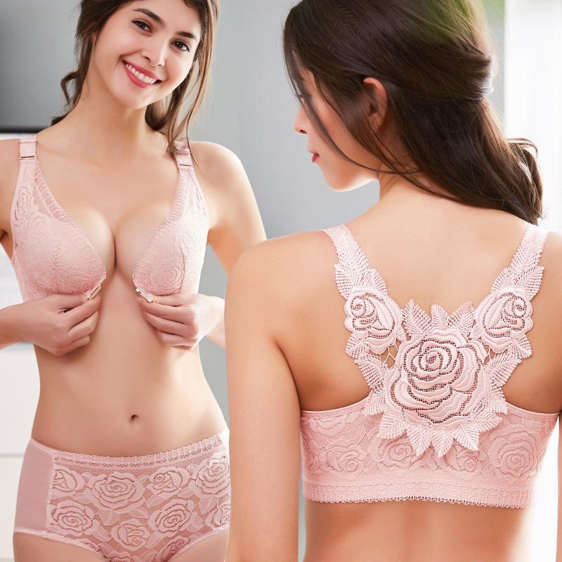 Front Buckle Rose Beautiful Back Plus Size Bra Set Big Breasts Small Gathering Underwear Women's Upper Support Adjustable Bra