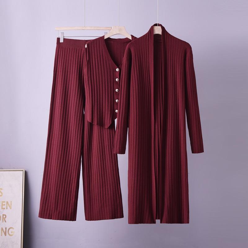 Cross-border autumn and winter knitted cardigan women's new Korean version lazy wind loose soft waxy sweater vest three-piece set women