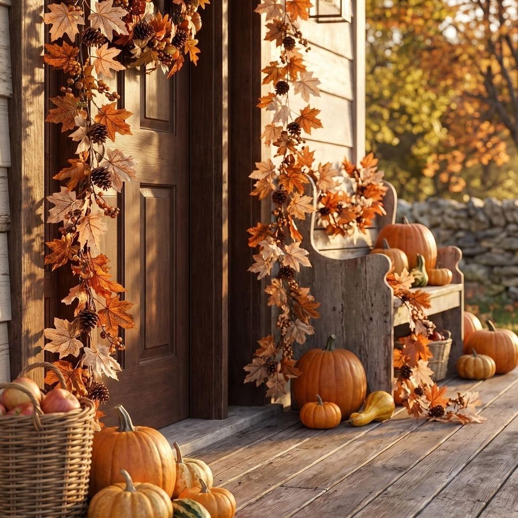 Artificial Maple Leaf Garland for Fall Thanksgiving Decor - Faux Wreath for Front Door Hanging