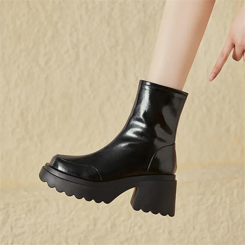 Fashion 2025 Split Leather High Heels Winter Warm Wool Boots Women Boots Round Toe Chunky Heel Platform Boots for Women Zapatos De Mujer