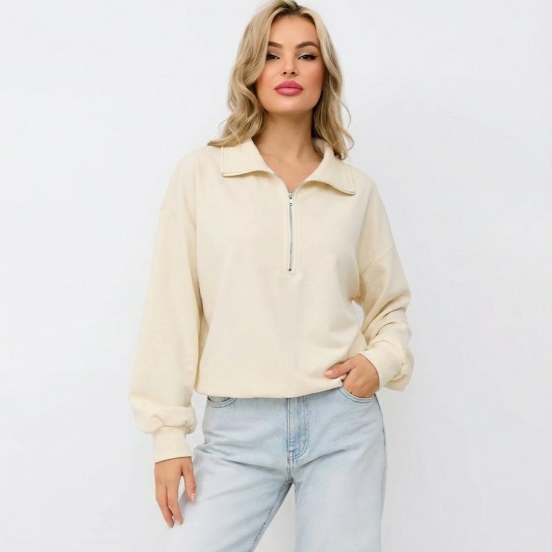 Women Spring Autumn Casual Sports Zipper Lapel Long Sleeve  Solid Color Pullover Hoodies Sweatshirt Top S абрикосовый