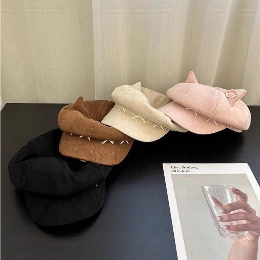 Warm Hat Newsboy Cap Cute Cat Ear Plush Beret New Cat Ears Bow Cap  for Student Wear