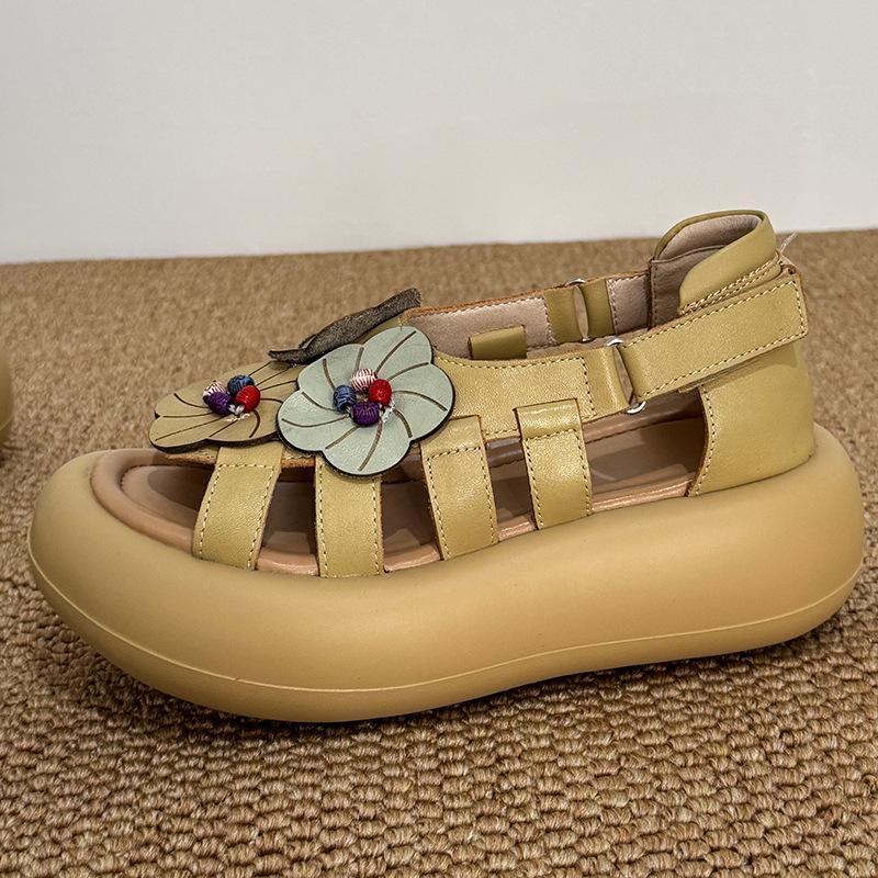 Johnature Retro Genuine Leather Flower Flat Platform Sandals Versatile Soft Soled Women's Shoes