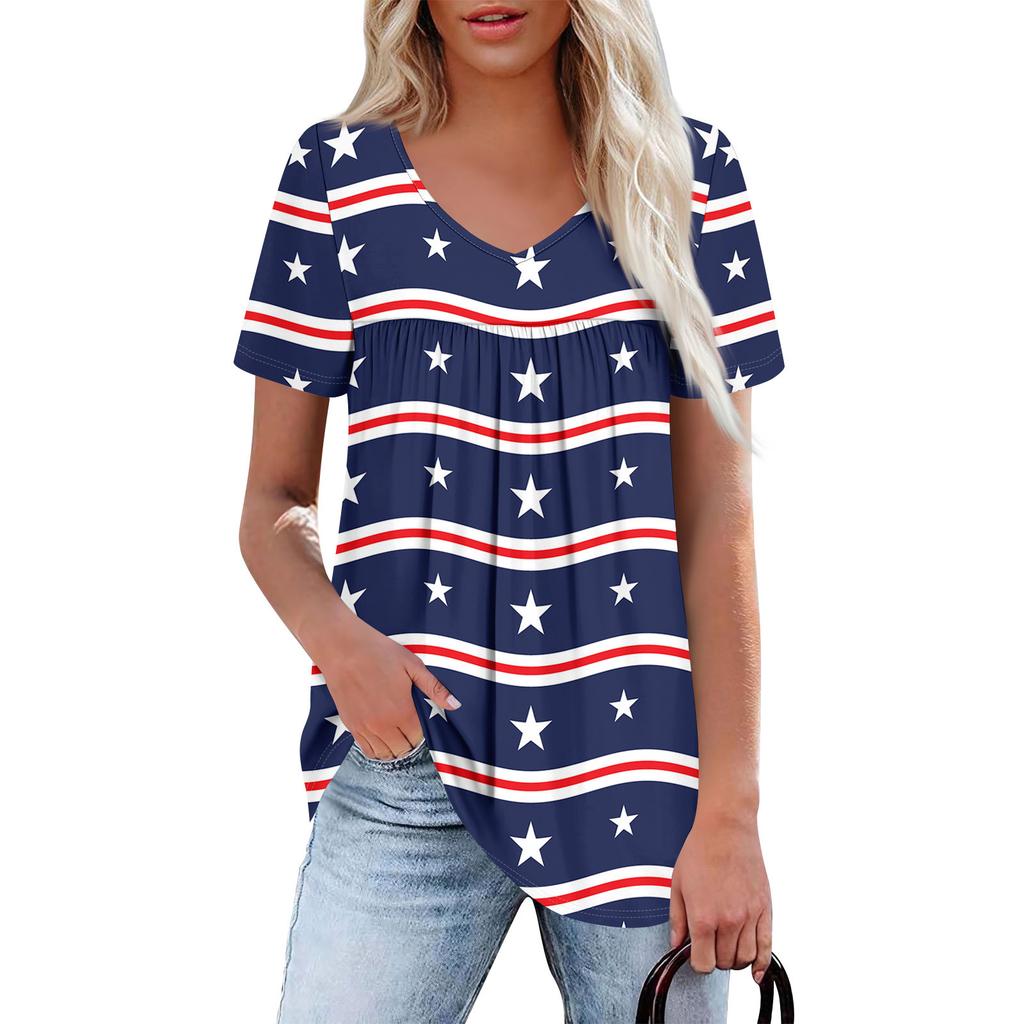 Women's Casual V-Neck Short Sleeve Chest Ruffle Printed Top
