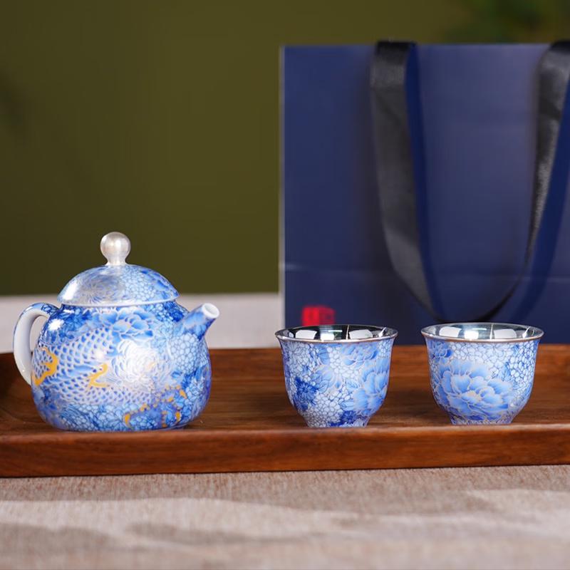 Ручной работы эмалированный серебряный чайный набор Cloisonné Silver Dragon Blue & White Tea Set