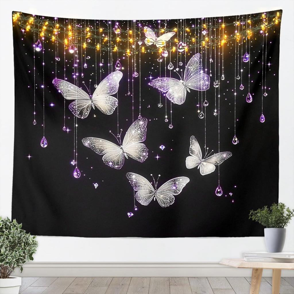 Butterfly Tapestry Glitter Diamonds Print Wall Art Luxury Elegant Blue Wall Hanging Blanket for Living Room Bedroom Home Decor