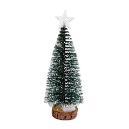 Mini Christmas Tree Small Artificial Snow Flocked Pencil Tree with LED Lights Tabletop Tree Ornaments with Wooden Base for Xmas Home Decor