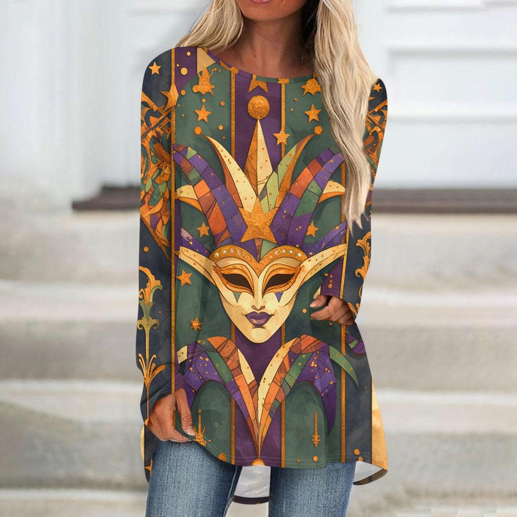 Women's Fashionable Round Neck Raglan Long Sleeved Carnival Printed Casual Pullover Top
