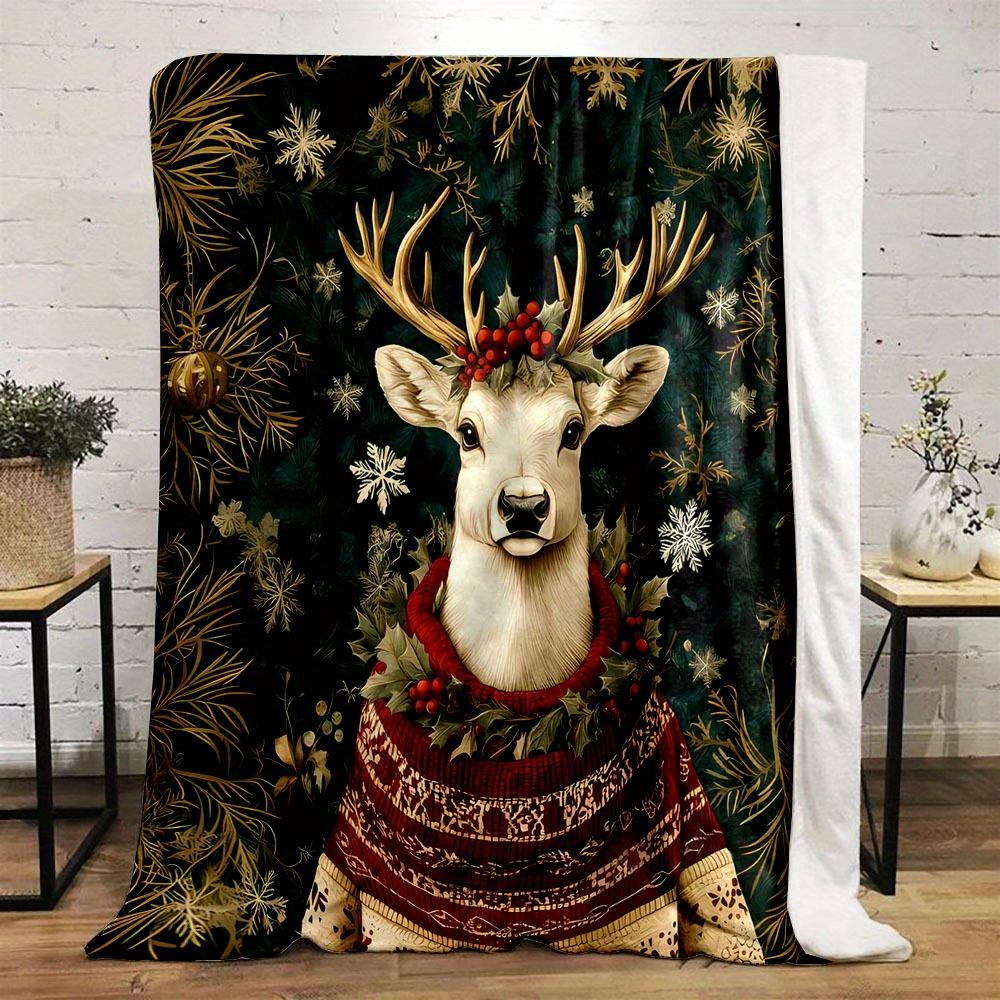 Cozy Reindeer Print Flannel Throw Blanket - Festive Holiday Design with Pine Branches & Snowflakes, Soft & Warm for Bed, Sofa,
