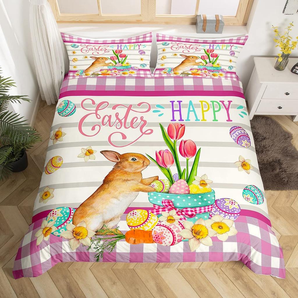 Pink Cherry Blossom Duvet Cover Happy Easter Theme Rabbit Ear Easter Eggs Bedding Set Polyester Butterfly Flower Comforter Cover