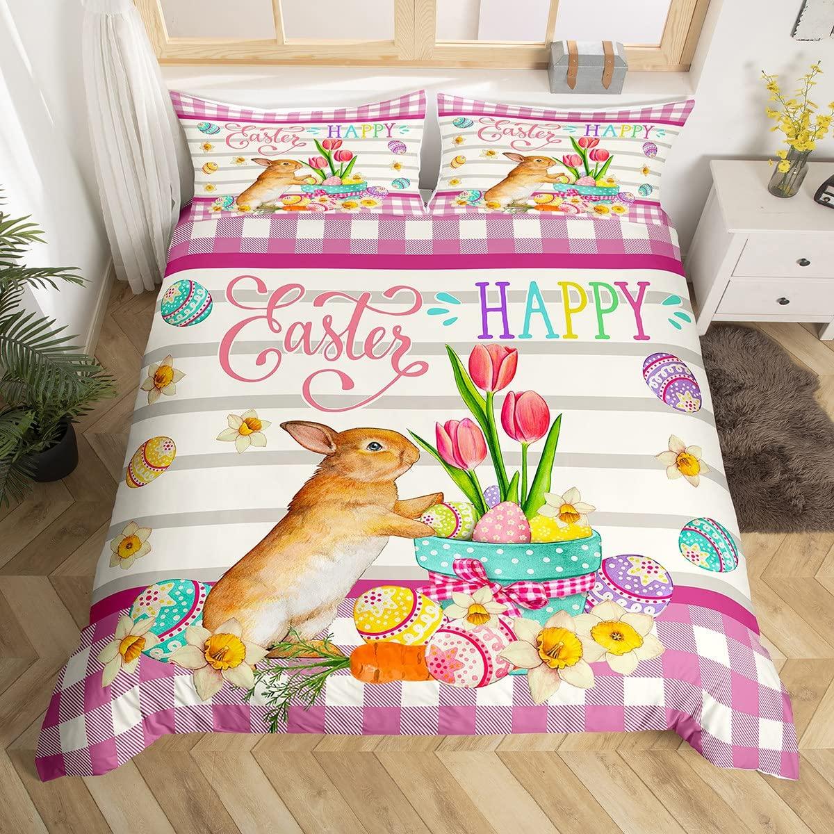 

Розовый пододеяльник с цветущей сакурой, тема «Счастливой Пасхи», кроличьи уши, пасхальные яйца, постельный комплект, полиэстер, бабочка, цветок, пододеяльник EU single(135x200cm)