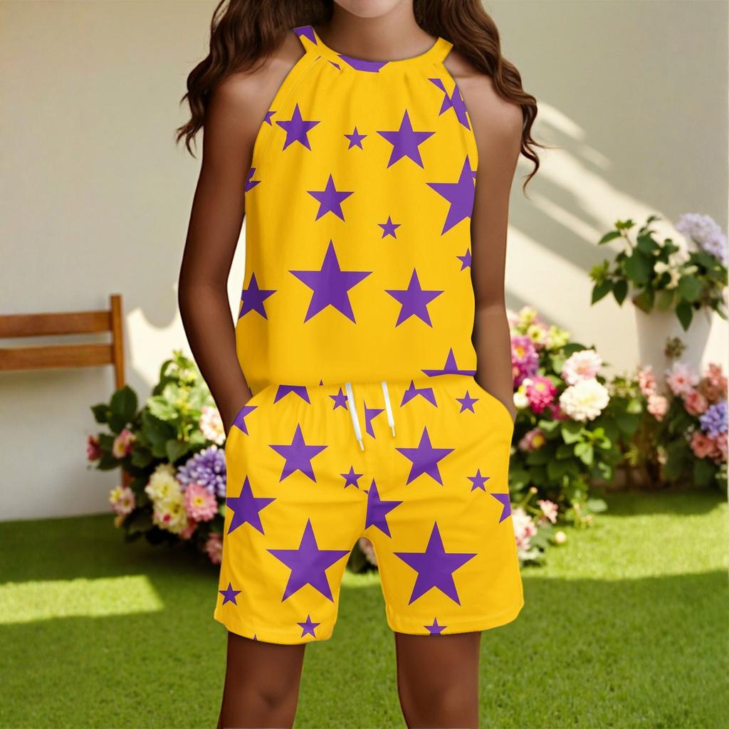 Children's Casual Fashion Round Neck Sleeveless  Top Shorts Set