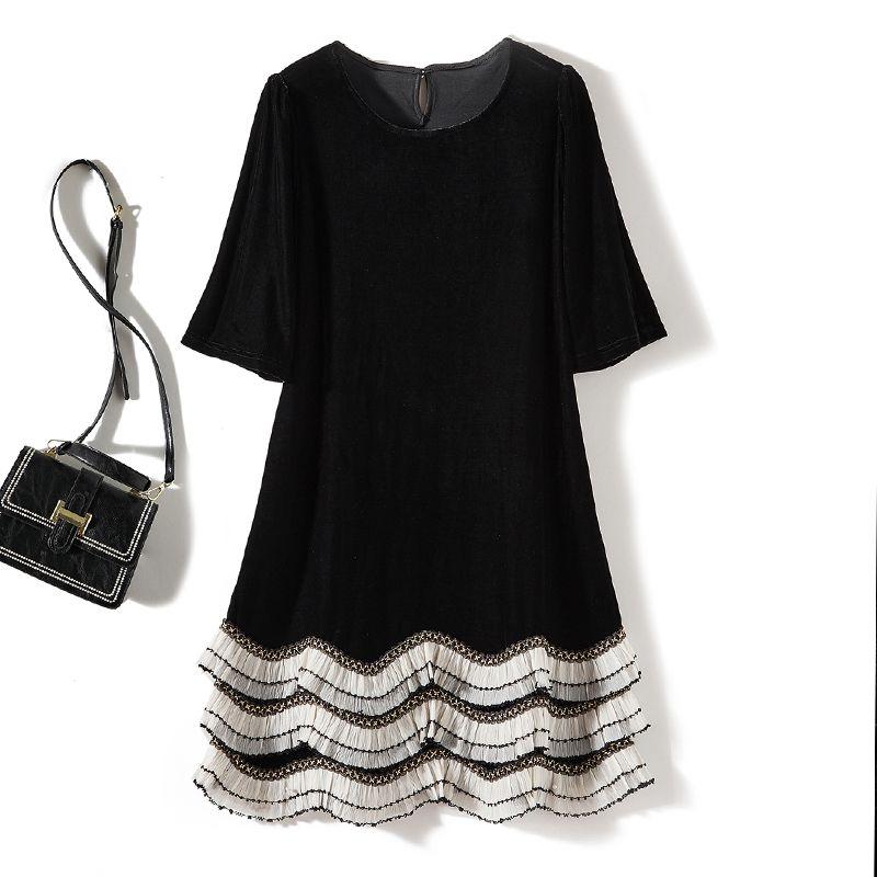 

Сетчатая юбка-платье с контрастным цветом и оборками! Элегантность Владелица Осень и Зима Золотой Вельвет Рукав Три Четверти Стиль Подчеркнуть Элегантное Платье Black L