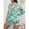 New plus size swimsuit female sexy printed bikini three-piece mesh blouse slimming swimsuit set swimsuit