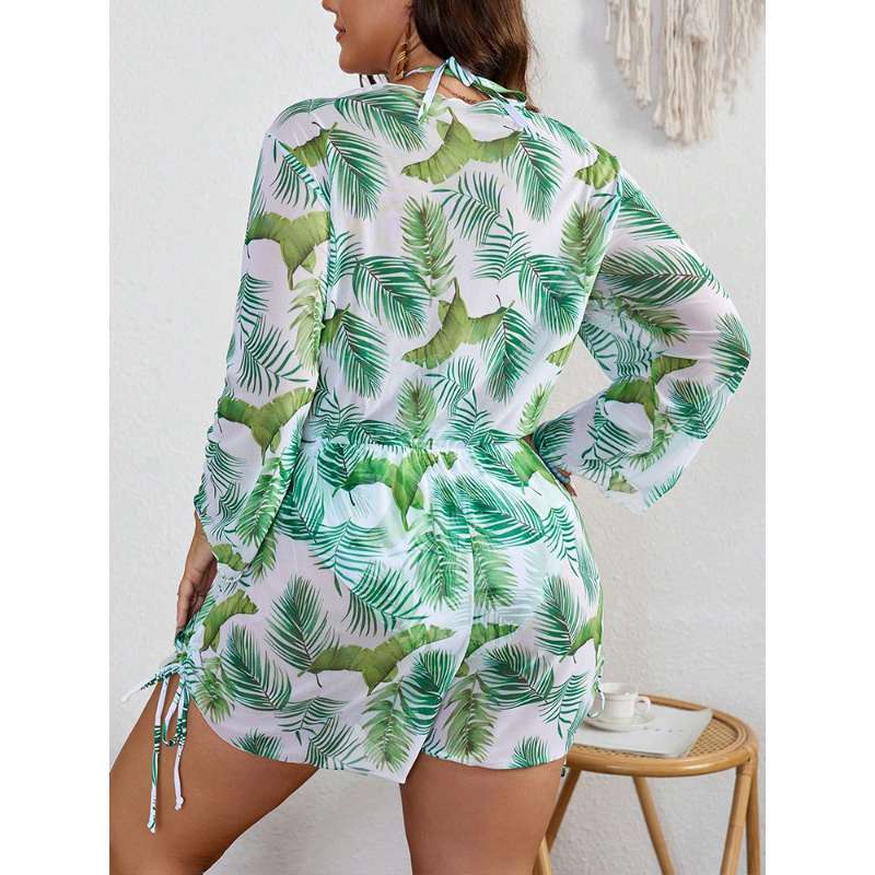 New plus size swimsuit female sexy printed bikini three-piece mesh blouse slimming swimsuit set swimsuit