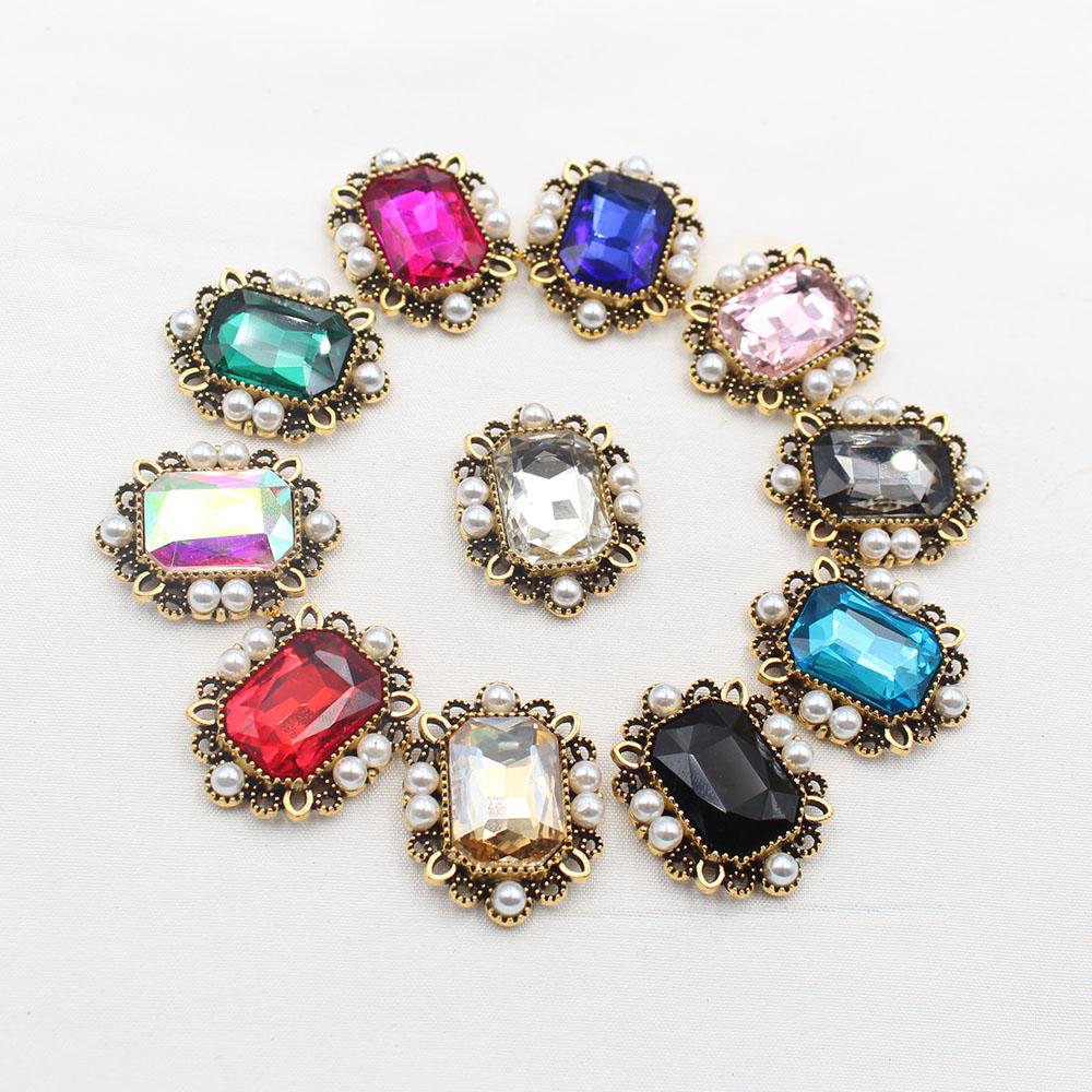 Exquisite 5-piece 24 * 30MM glass rhinestone alloy flower plate buckle pearl embellishment handmade DIY accessory material