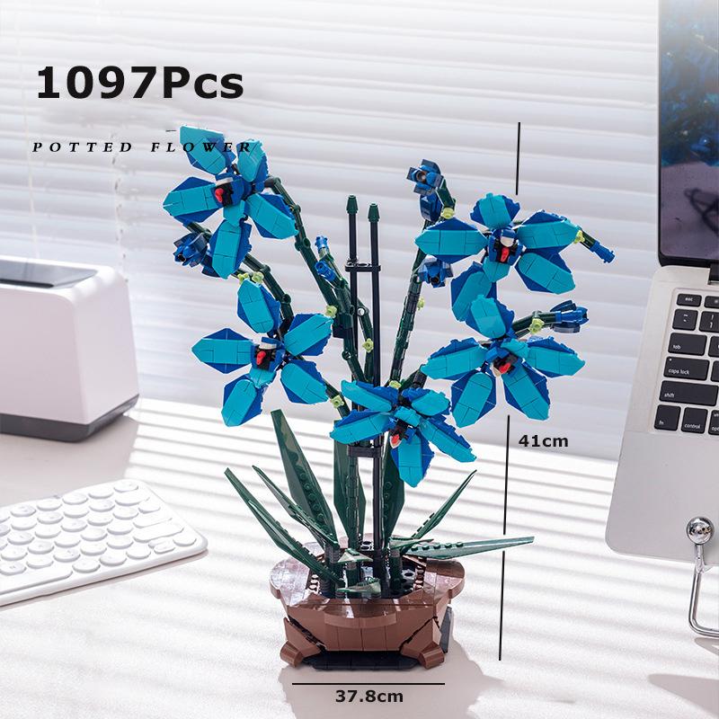 Kreativer Blumenstrauß Bausteine Rote Rose Blaue Rose Vase Mondblume Orchidee Topfpflanze Lavendel Steine DIY Spielzeug Valentinstagsgeschenk