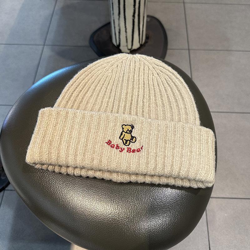 Autumn and Winter Warm and Thick Knitted Hat for Women Cute Bear Letter Embroidered Pullover Hat Versatile for Street Youth