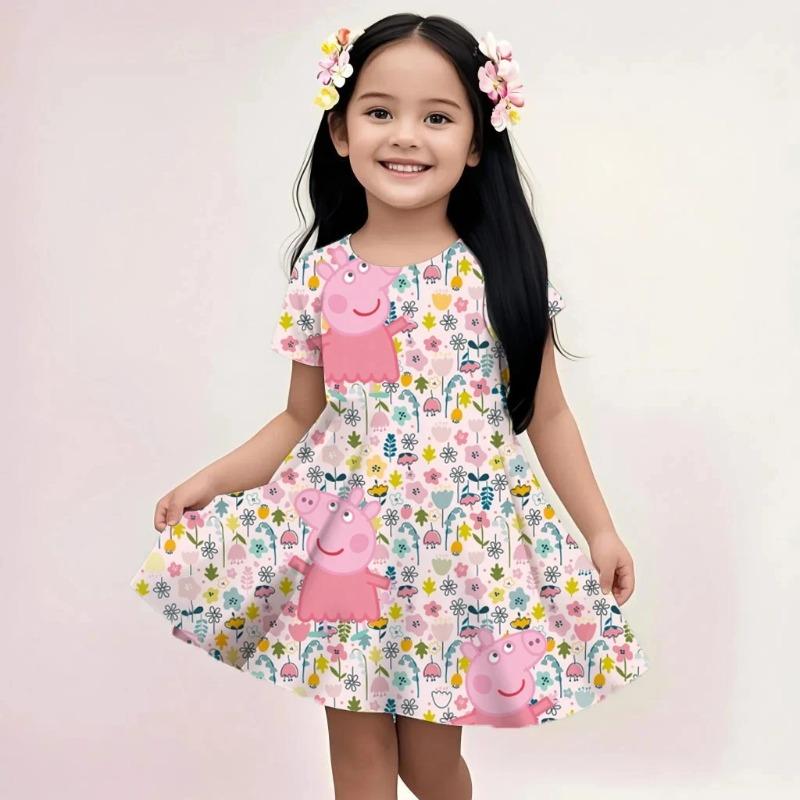 Girls Summer Fashion Sundress Peppa Pig Cute Cartoon Print Casual Beach Dress Soft Breathable Lightweight Kids Dress 110
