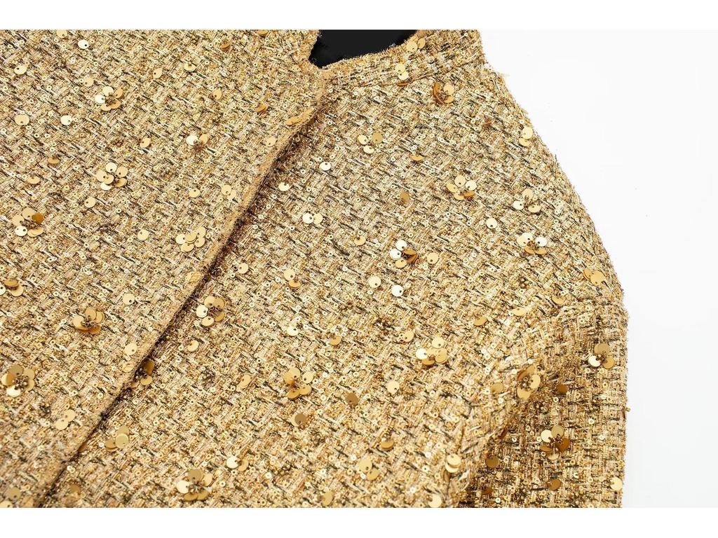 European & American Women's Sequin Stand-up Collar Jacket - Autumn/Winter 2025 Fashion, Solid Color, Short Casual Style