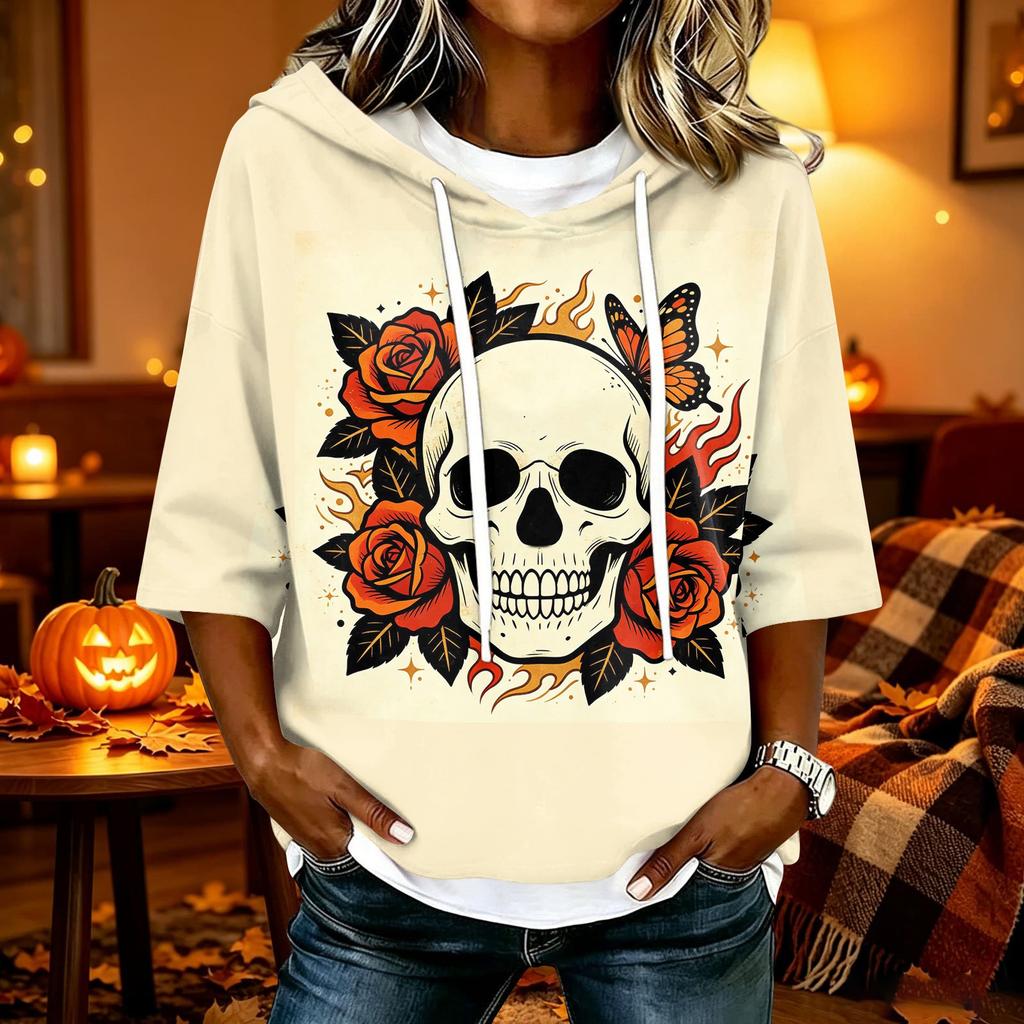 Women's Halloween Print Hooded Top, Loose Fit Casual 3/4 Sleeve Pullover Shirt
