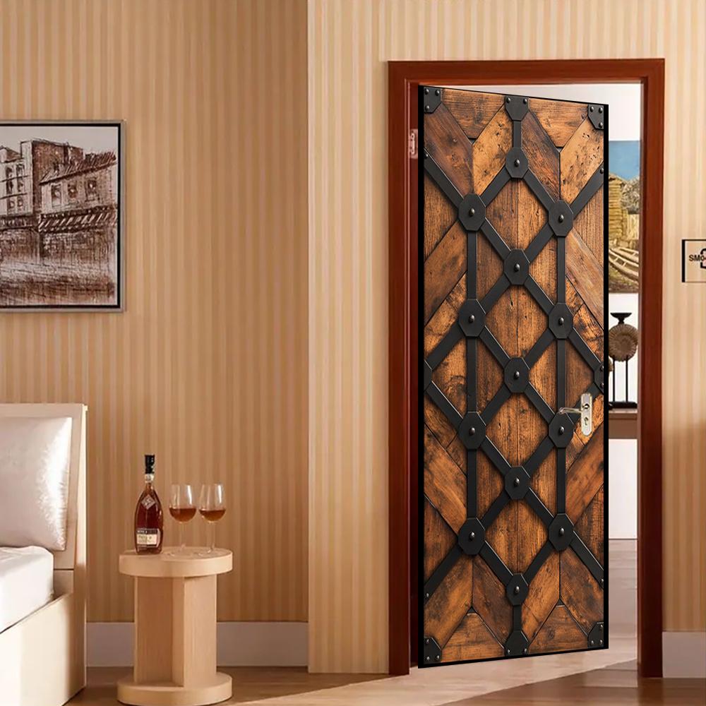 1Pcs Modern PVC Wood Door Sticker, Peel and Stick Mural, Self-Adhesive Removable Door Decal, Elegant Poster for Bedroom Living Room Door