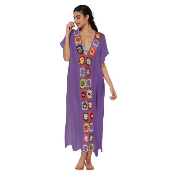 Women Summer Cover Up Dress V-Neck Short Sleeve Crochet Flower Decor See-through