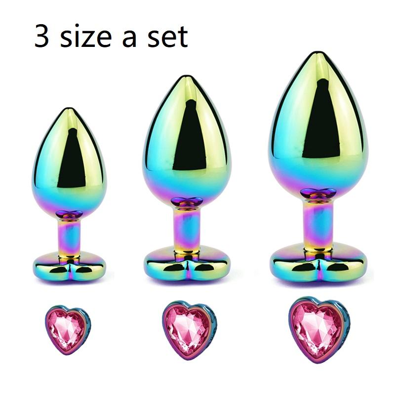 Rainbow Rose Gold Pink Small Medium Size Set Heart Shape Crystal Metal Anal Beads Butt Plug Jewelry Sex Toy for Female Male