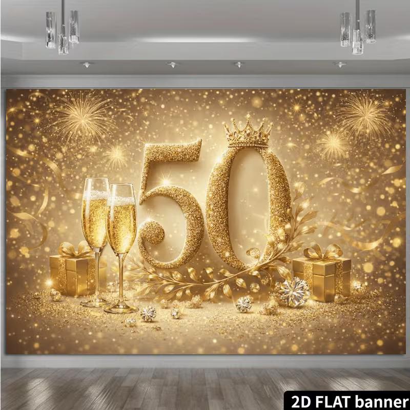 2D Sparkly 50th Birthday Backdrop for Golden Anniversary Party