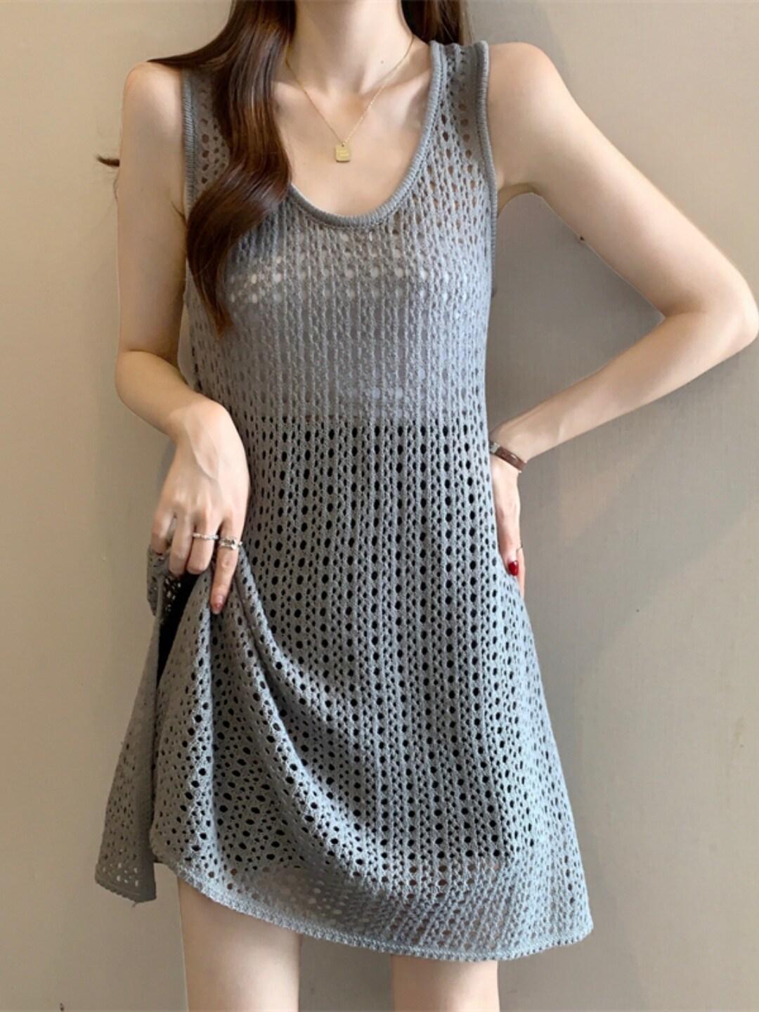 

Summer 2026 Plus Size Women s Layered Vest Dress with U-neck and Sheer Cardigan One size fits 80-140 kg