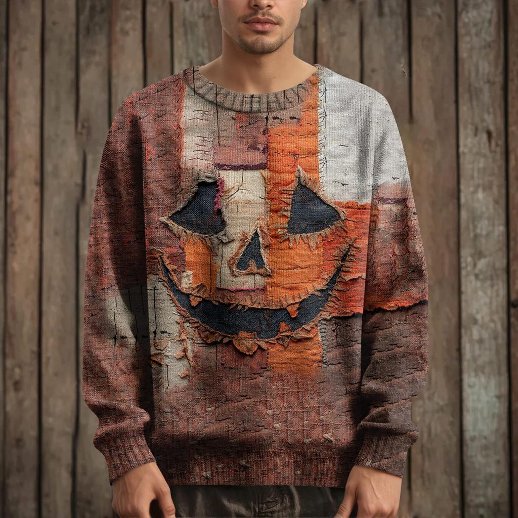 Men's Long Sleeve Pullover Sweater Casual Halloween Print Knit Oversized Sweater