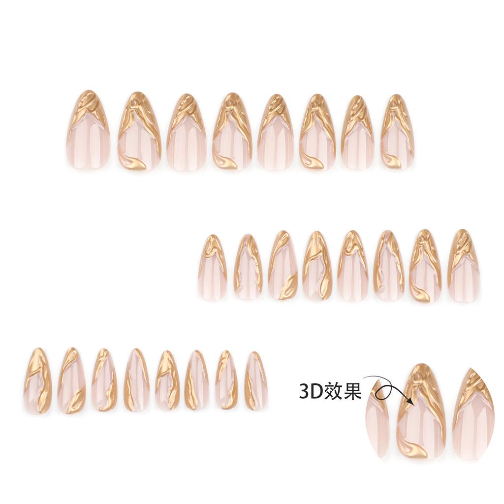 24 Stück einfache französische 3D-Gold-Nägel, kurze Mandel-Nagelkunst, künstliche Nägel, abnehmbares Nagelstück
