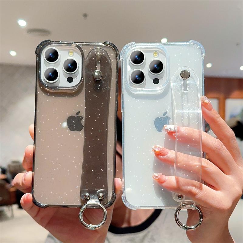Luxury Glitter Transparent Wrist Strap Case For iPhone 11 12 13 14 15 16 Pro Max XR X XS 7 8 Plus Silicone Soft Shockproof Cover