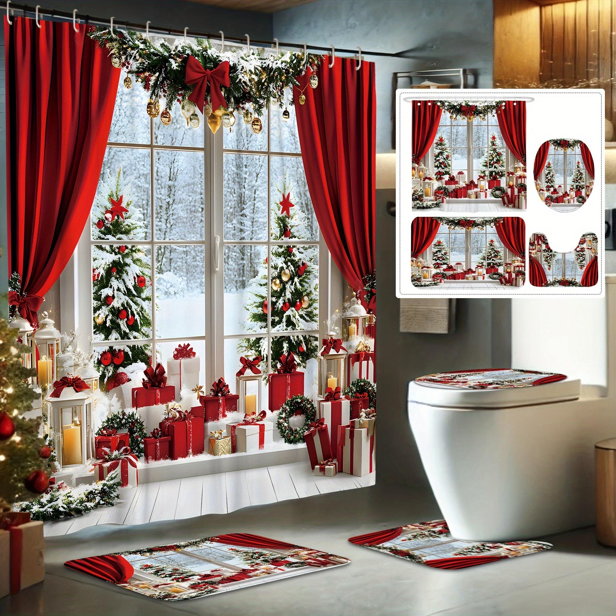 

Luxury Christmas Window Bathroom Set - Festive Tree & Gift Shower Curtain, Toilet Cover & Mats, Elegant Holiday Gift W60H190(CM)-1 Pcs
