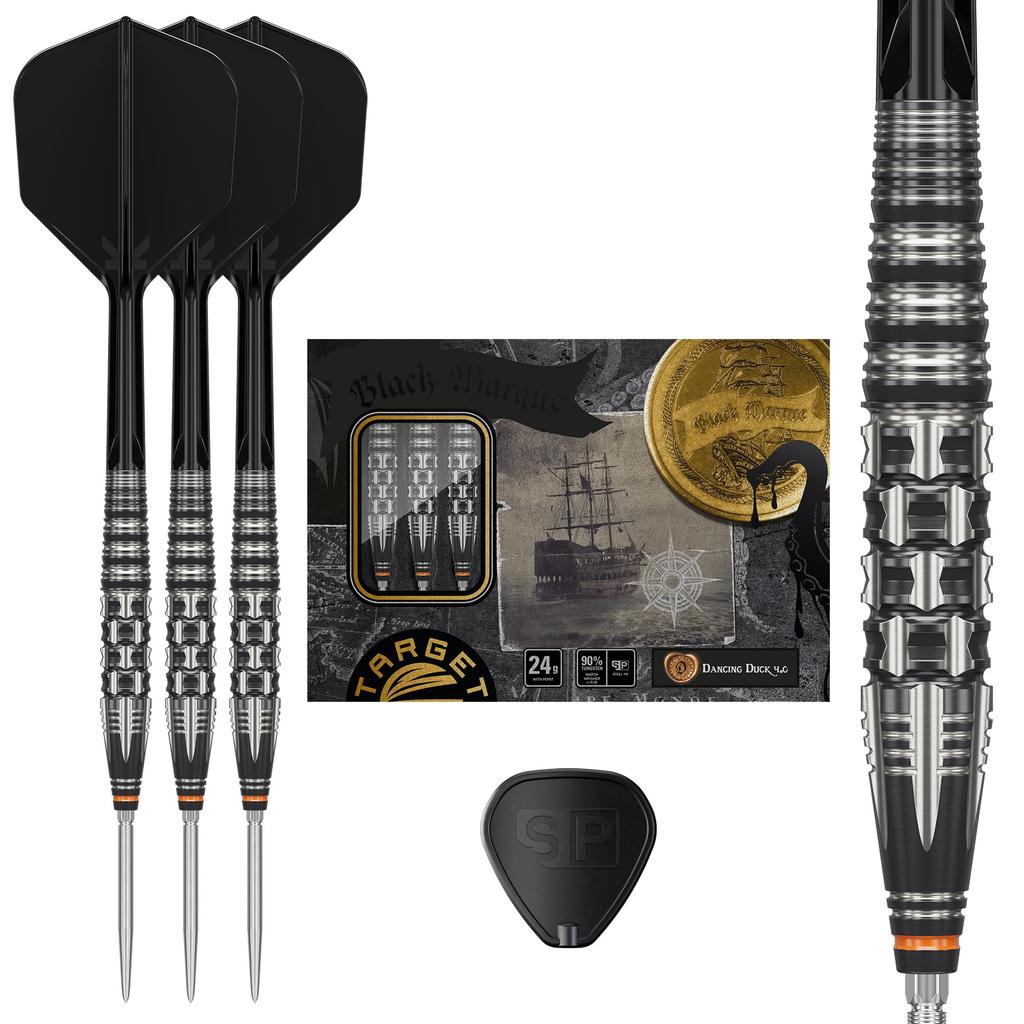Target Japan Black Marque Dancing Duck G4 90% Tungsten K-Flex Swiss Point Steel Tip Dart Set, 24G | Swiss Nano Points, Black K-Flex No. 6 (Shape) Fl
