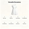 Crew Neck Short Sleeve Skater Dress, Tiny Floral Embroidered Print White Knee Length Dress For Women